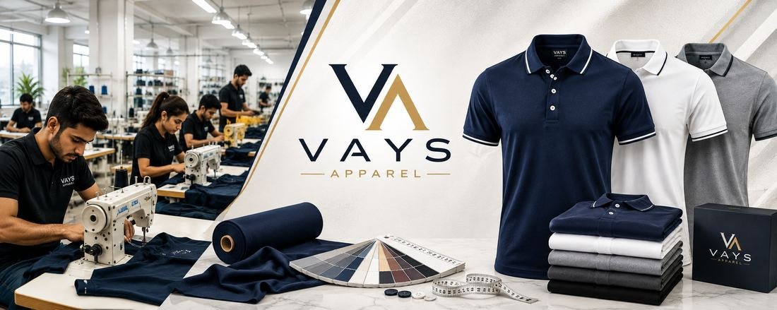 Vays Apparel production floor and finished polo shirts