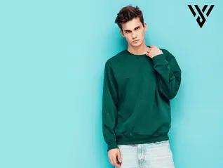 Man in green sweatshirt on teal background for Sweatshirts
