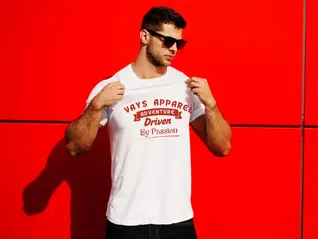 Man in white Vays Apparel t-shirt on red background for T-shirts Manufacturer card.