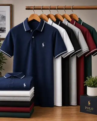 Gray custom polo shirt on navy background with orange scratch design