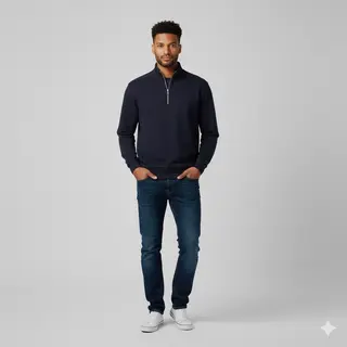 Man wearing black quarter-zip sweatshirt with jeans