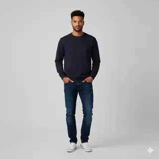 Man wearing black V-neck sweatshirt with jeans