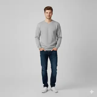 Man wearing grey crewneck sweatshirt with jeans