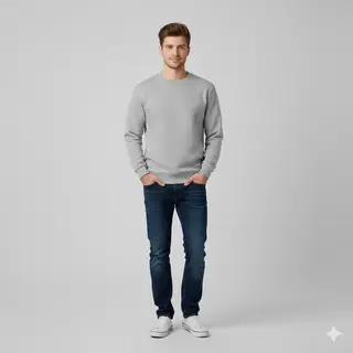 Man wearing grey drop shoulder sweatshirt with jeans