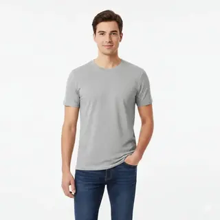 Man wearing a plain light gray short-sleeve crew neck T-shirt with blue jeans