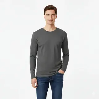 Man wearing a plain light gray long-sleeve Henley T-shirt with black shorts