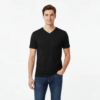 Man wearing a plain black short-sleeve V-neck T-shirt with blue jeans